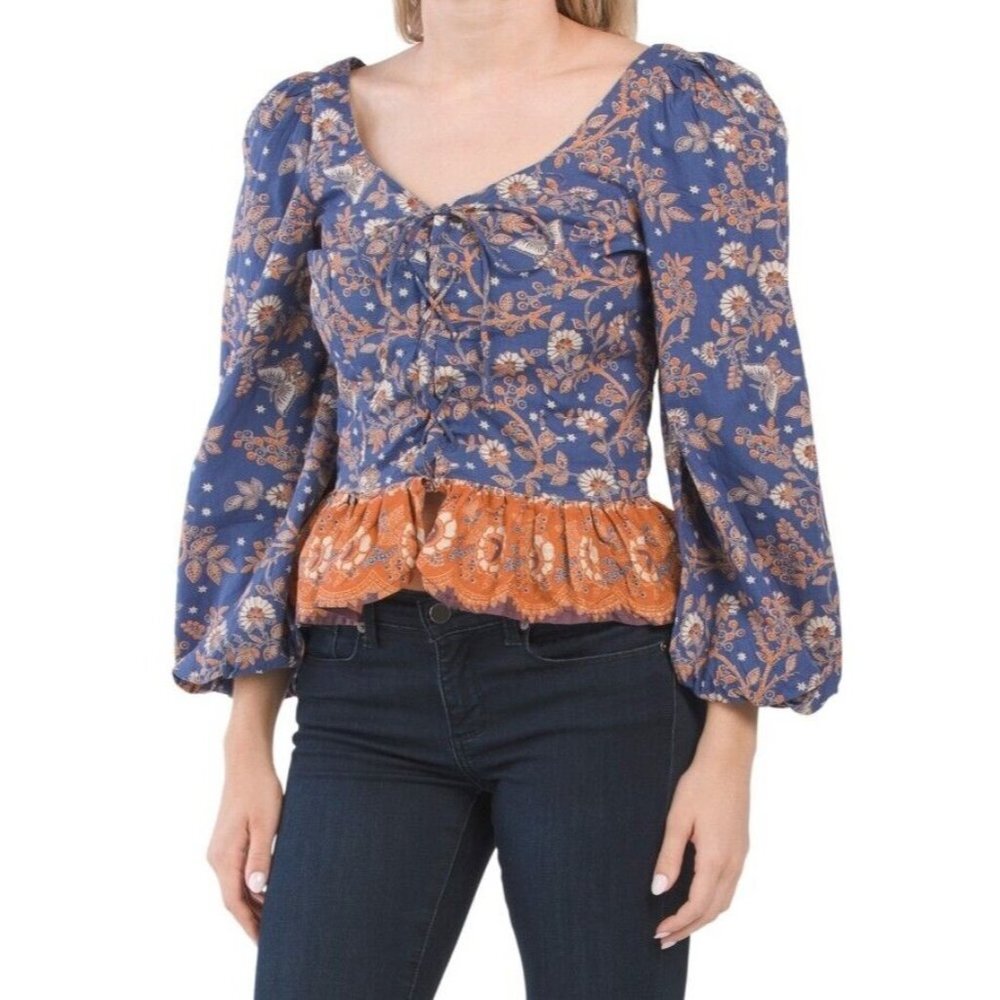 House of Harlow 1960 Lace Up Wide LS Blouse Top Size Medium Nastassia Bl…